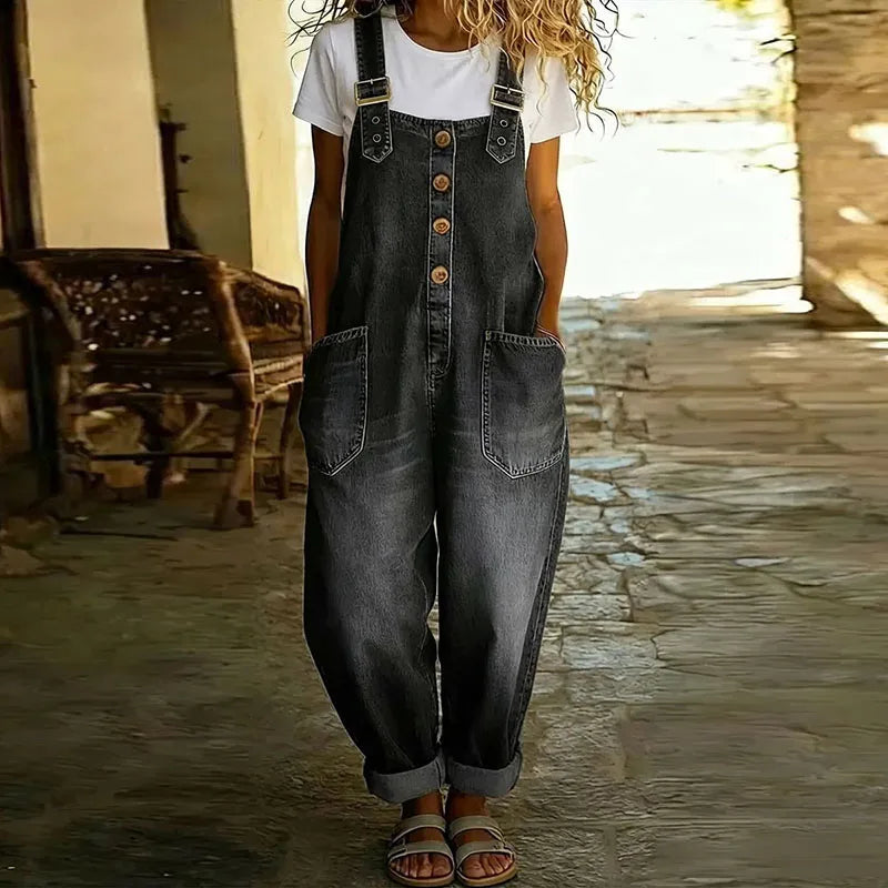Carmen - Mono vintage de denim de algodón suave con tirantes ajustables