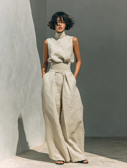 Flor™ | Conjunto minimalista de blusa sin mangas y pantalón de pernera ancha en algodón y lino para mujer