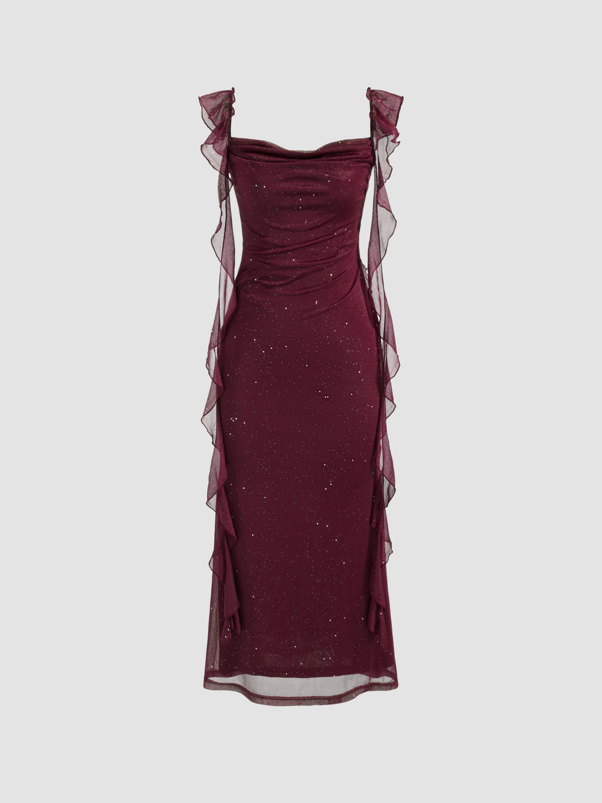 Vestido largo con cuello vuelto y volantes