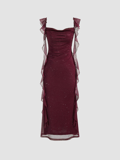 Vestido largo con cuello vuelto y volantes