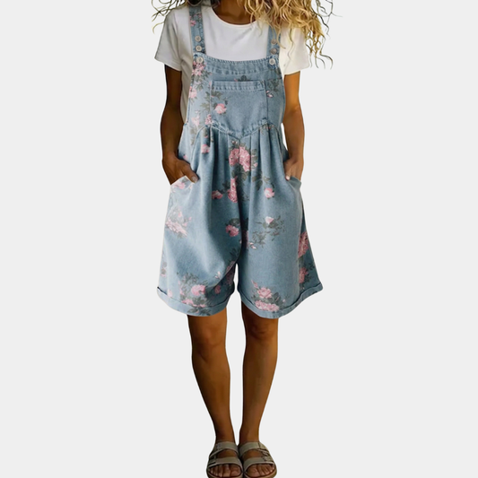 Adriana - Mono de denim con estampado floral, tacto suave de algodón y lavado vintage