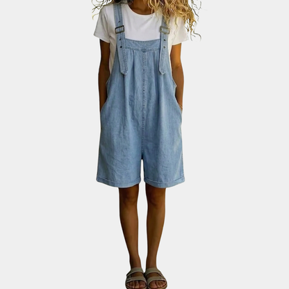 Isabel - Mono corto de denim con tacto suave de algodón y lavado vintage en azul claro