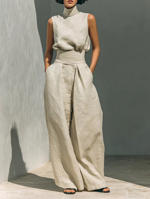Flor™ | Conjunto minimalista de blusa sin mangas y pantalón de pernera ancha en algodón y lino para mujer