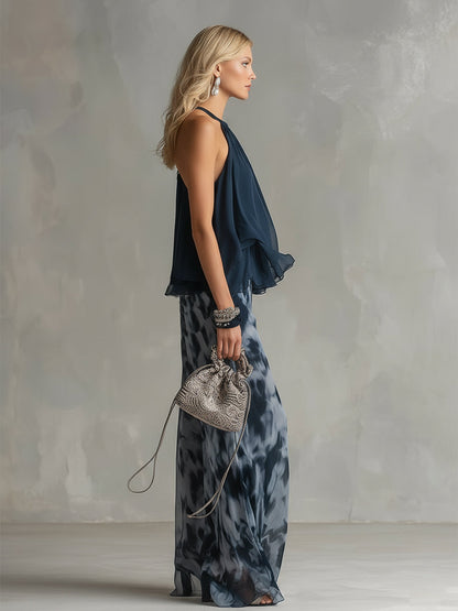 Ludovica - Conjunto de Chiffon Elegante con Pantalón Ancho Estampado