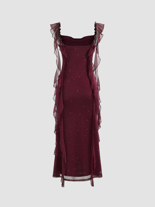 Vestido largo con cuello vuelto y volantes