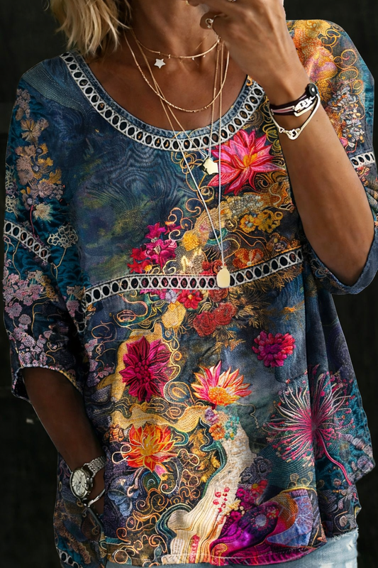 Nicole | Blusa de denim con estampado floral vintage