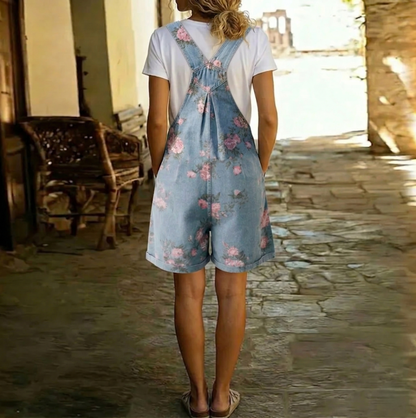 Adriana - Mono de denim con estampado floral, tacto suave de algodón y lavado vintage