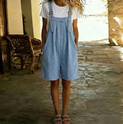 Isabel - Mono corto de denim con tacto suave de algodón y lavado vintage en azul claro
