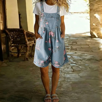 Adriana - Mono de denim con estampado floral, tacto suave de algodón y lavado vintage