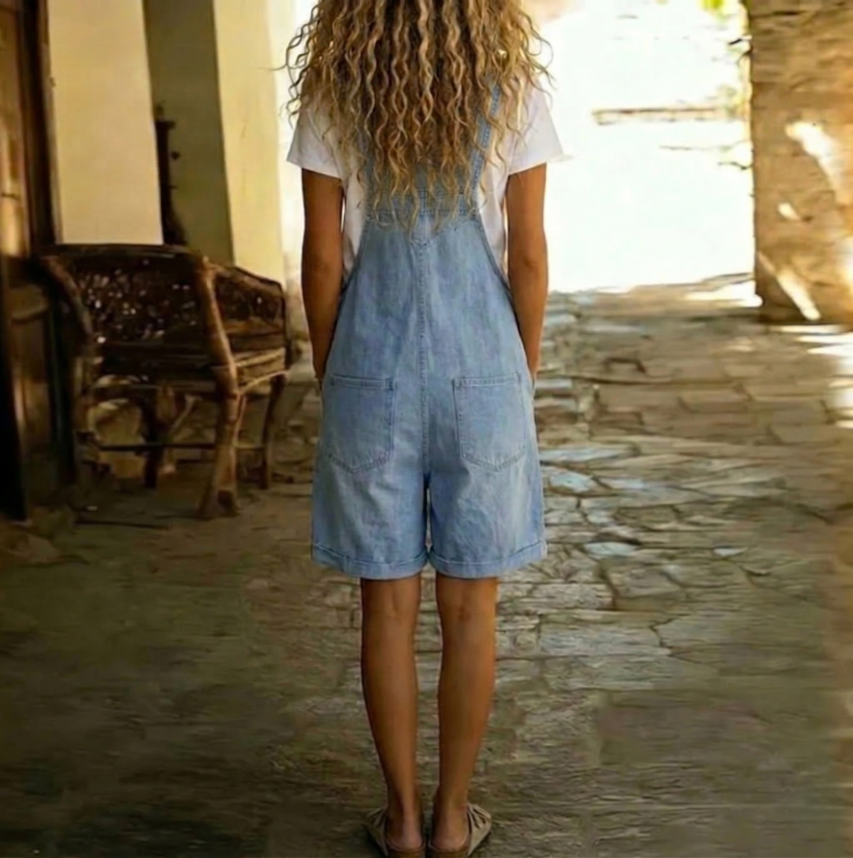 Isabel - Mono corto de denim con tacto suave de algodón y lavado vintage en azul claro