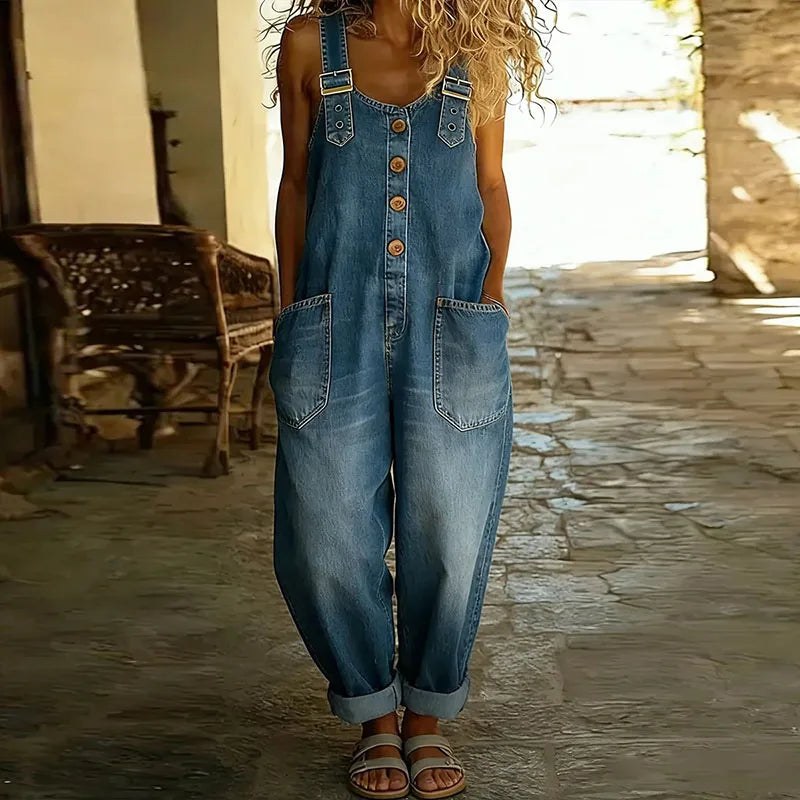 Carmen - Mono vintage de denim de algodón suave con tirantes ajustables