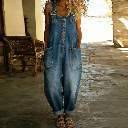 Carmen - Mono vintage de denim de algodón suave con tirantes ajustables