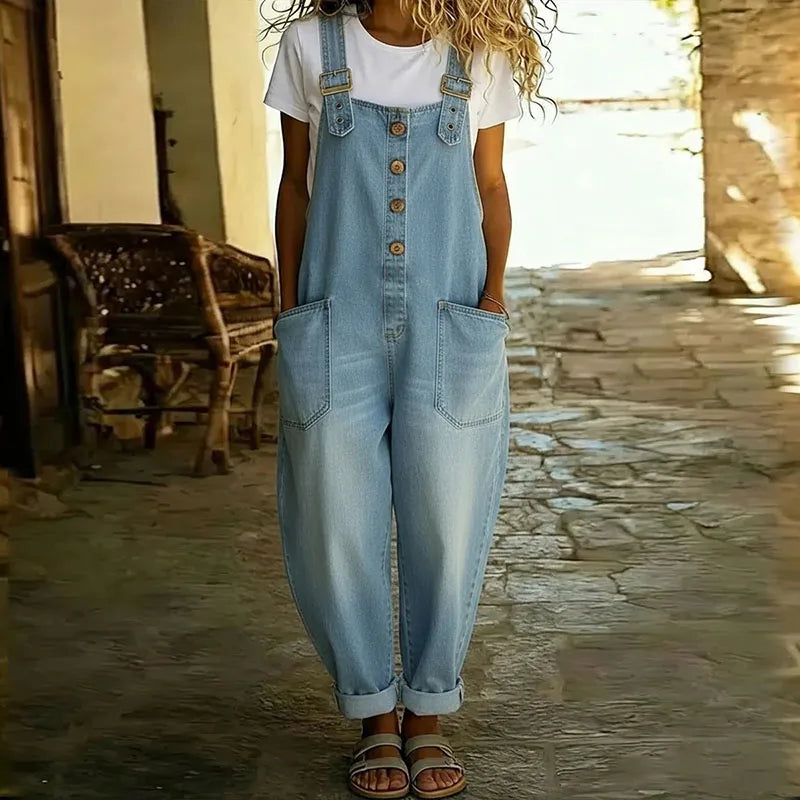 Carmen - Mono vintage de denim de algodón suave con tirantes ajustables