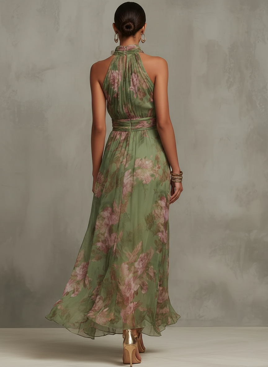 Serena ∙ Vestido largo verde con estampado floral de gasa y cuello halter
