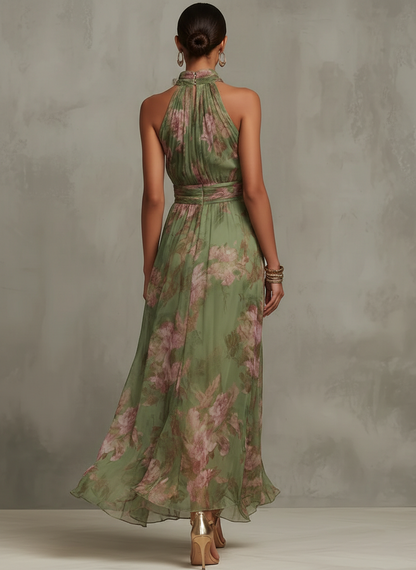 Serena ∙ Vestido largo verde con estampado floral de gasa y cuello halter