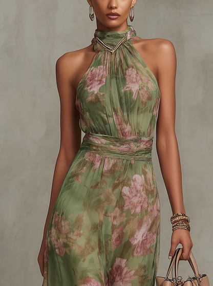 Serena ∙ Vestido largo verde con estampado floral de gasa y cuello halter