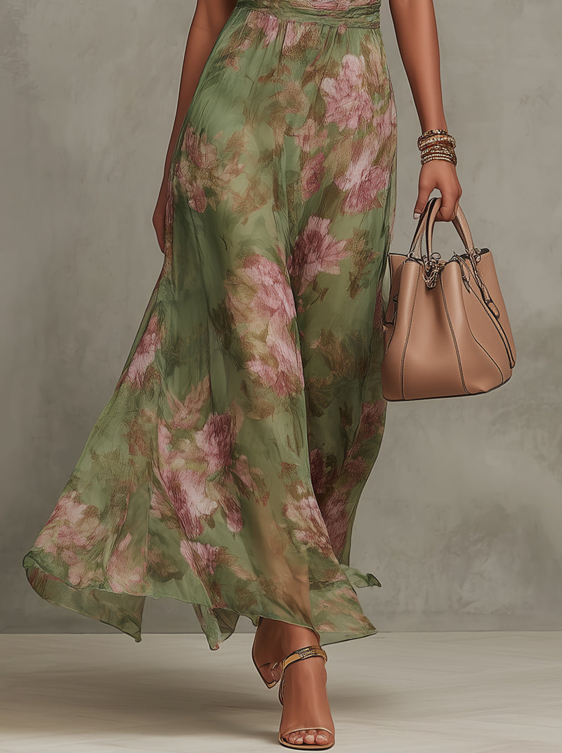 Serena ∙ Vestido largo verde con estampado floral de gasa y cuello halter