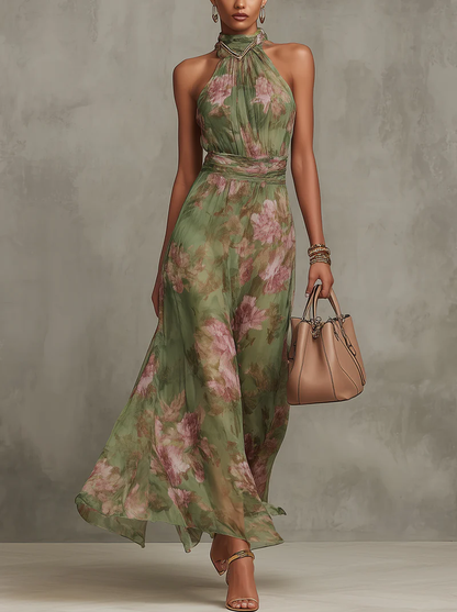 Serena ∙ Vestido largo verde con estampado floral de gasa y cuello halter