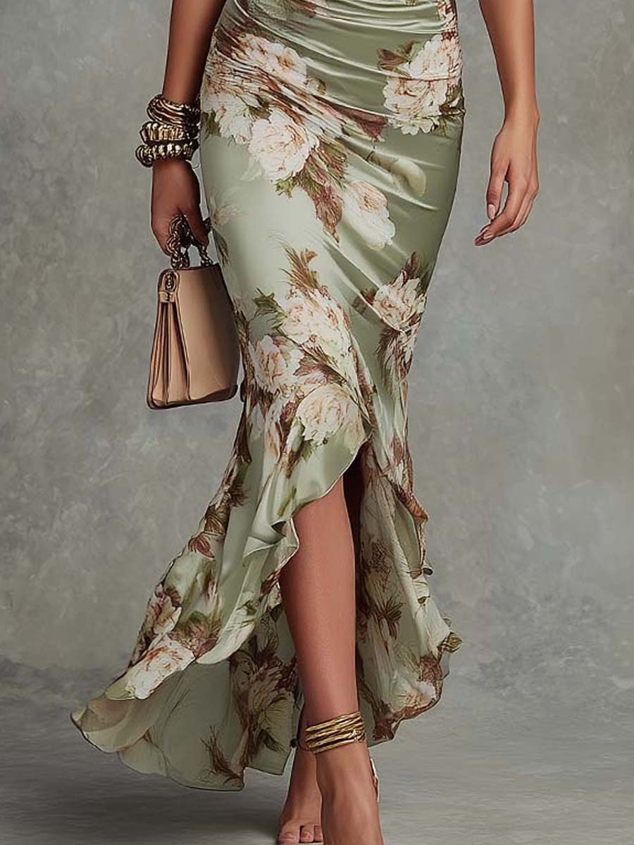 Anna - Vestido Largo Asimétrico Verde Satén | Floral y Escote en V