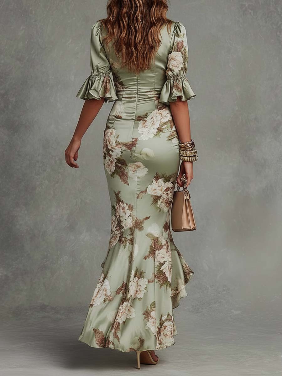 Anna - Vestido Largo Asimétrico Verde Satén | Floral y Escote en V
