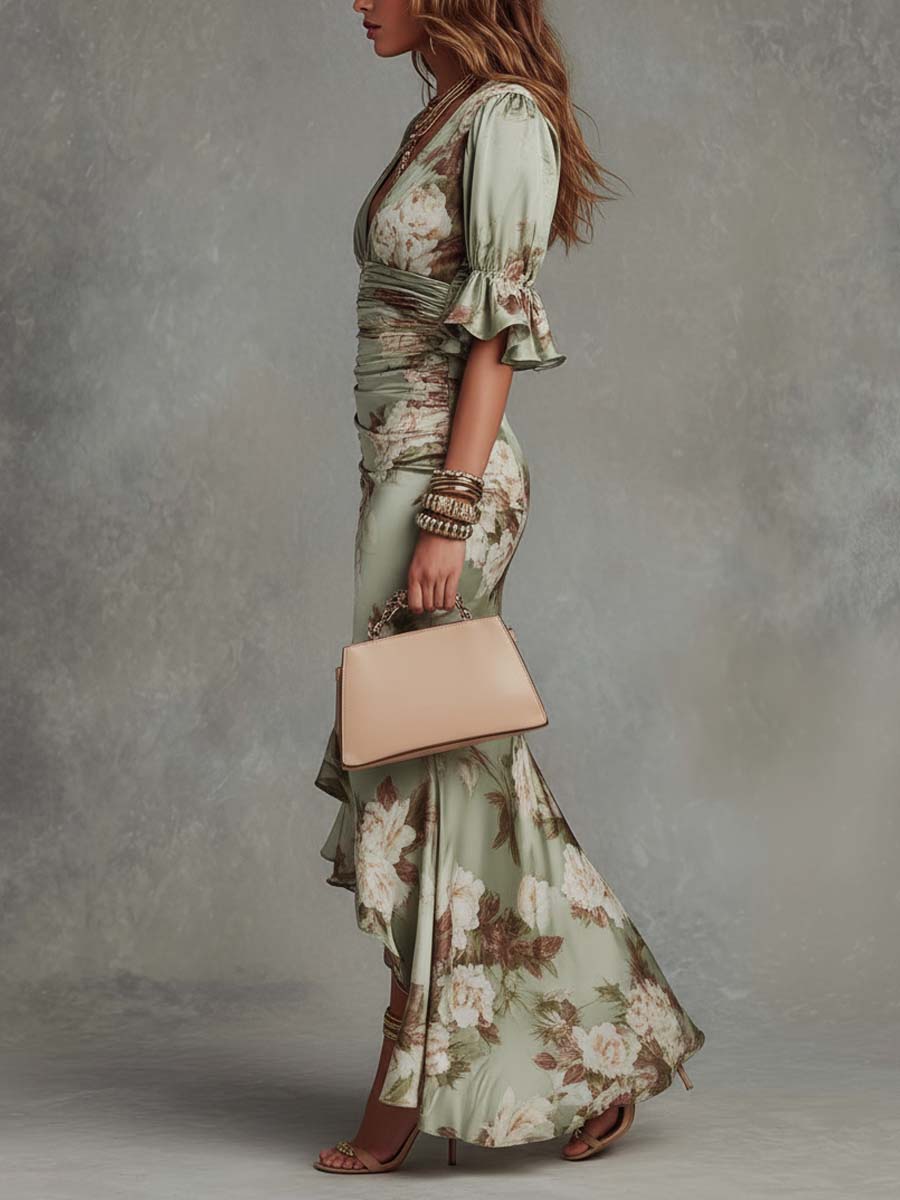 Anna - Vestido Largo Asimétrico Verde Satén | Floral y Escote en V