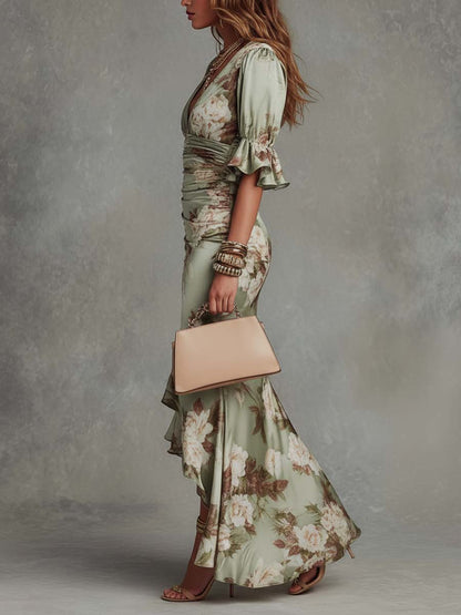 Anna - Vestido Largo Asimétrico Verde Satén | Floral y Escote en V