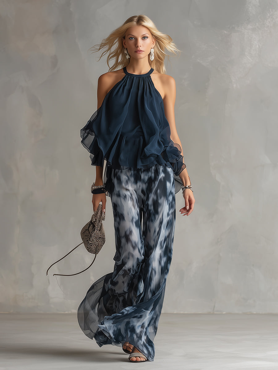 Ludovica - Conjunto de Chiffon Elegante con Pantalón Ancho Estampado