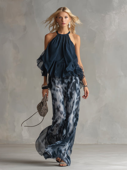 Ludovica - Conjunto de Chiffon Elegante con Pantalón Ancho Estampado
