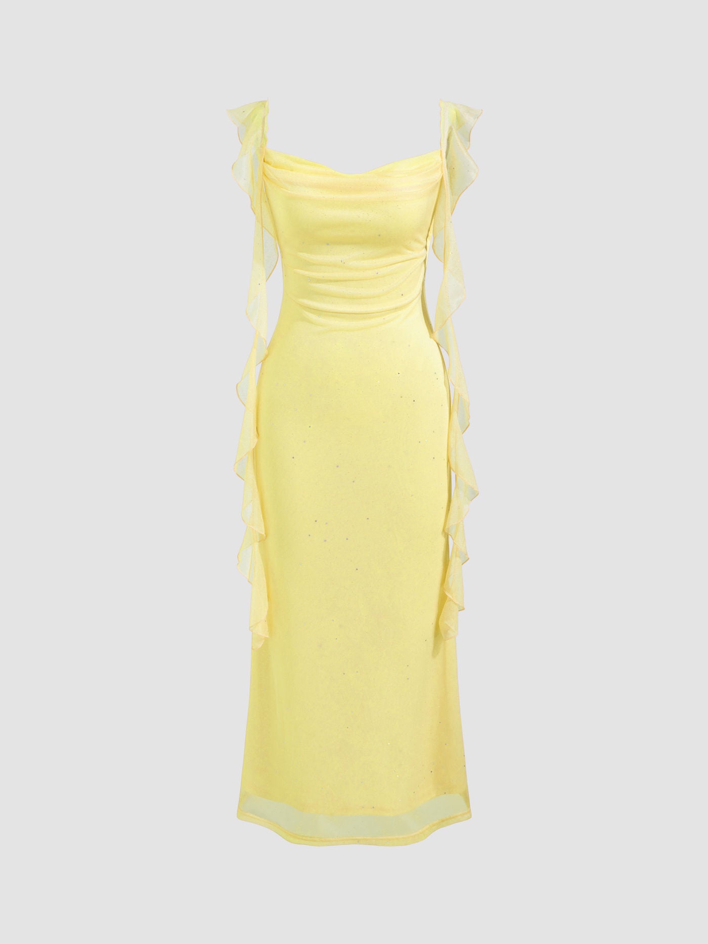 Vestido largo con cuello vuelto y volantes