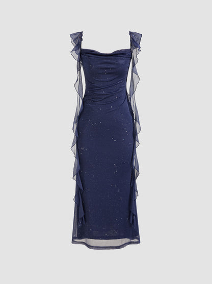 Vestido largo con cuello vuelto y volantes