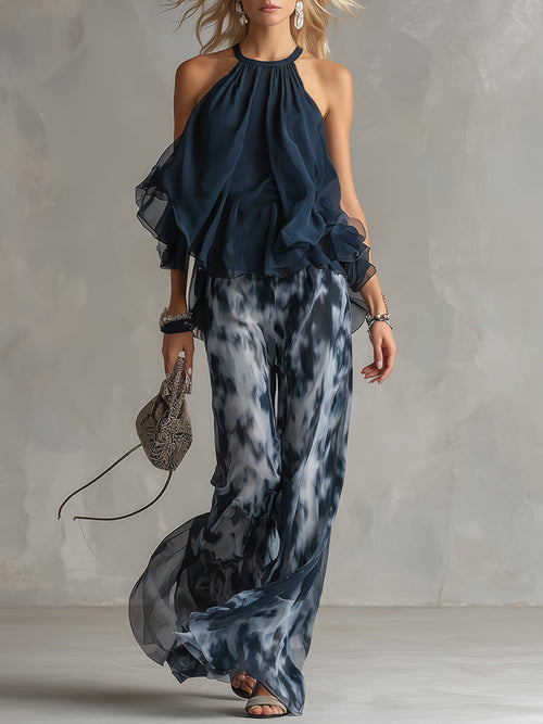 Ludovica - Conjunto de Chiffon Elegante con Pantalón Ancho Estampado