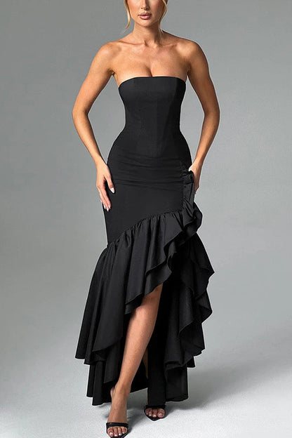 Vestido Maxi Asimétrico con Escote Bardot y Corte Entallado