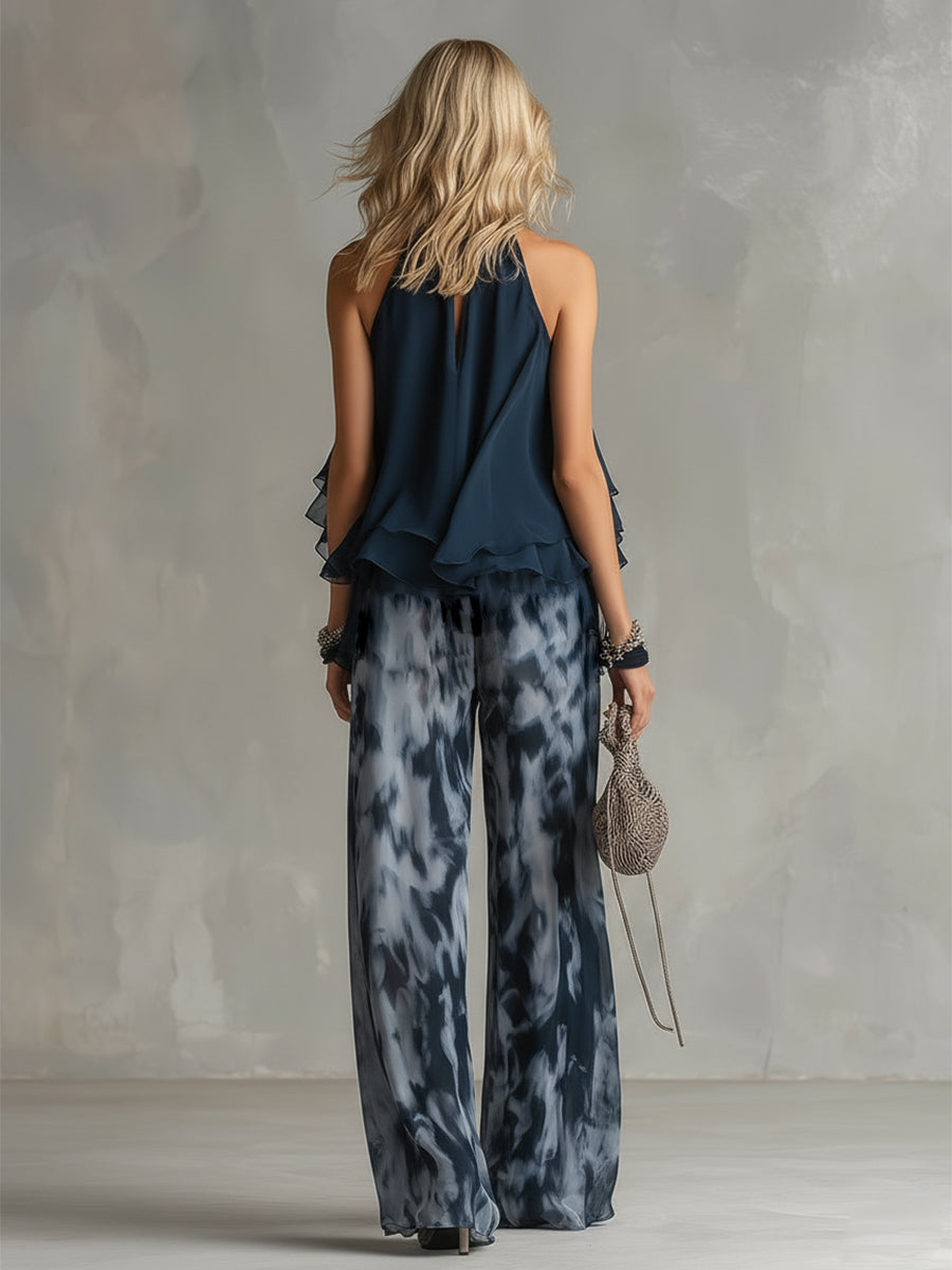 Ludovica - Conjunto de Chiffon Elegante con Pantalón Ancho Estampado