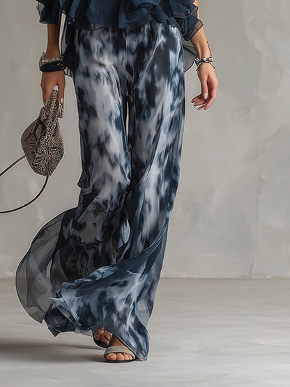 Ludovica - Conjunto de Chiffon Elegante con Pantalón Ancho Estampado