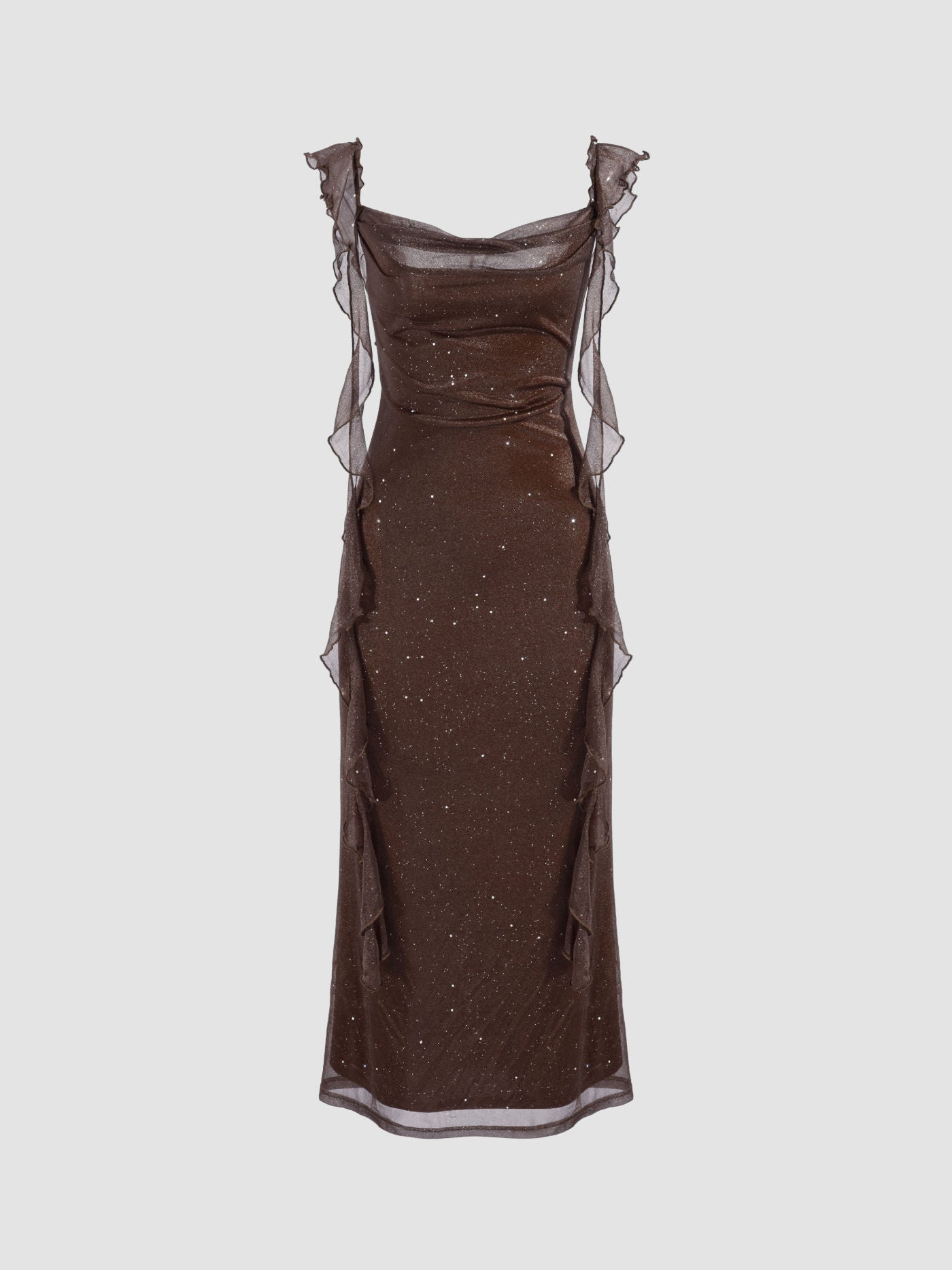 Vestido largo con cuello vuelto y volantes