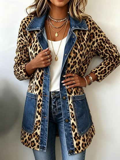 Magdalena | Chaqueta Longline Denim Estampado Leopardo con Paneles de Contraste