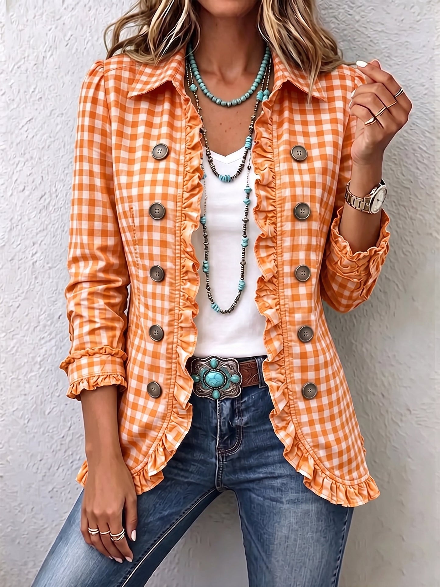 Claudia | Chaqueta de Cuadros Vichy Plisada con Botones
