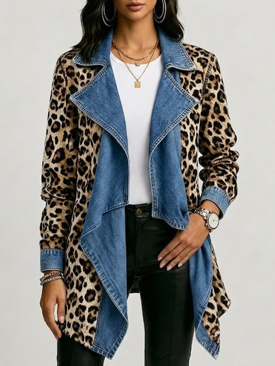 Cecilia | Chaqueta Denim Lavado con Paneles de Estampado Leopardo