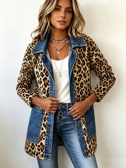 Magdalena | Chaqueta Longline Denim Estampado Leopardo con Paneles de Contraste