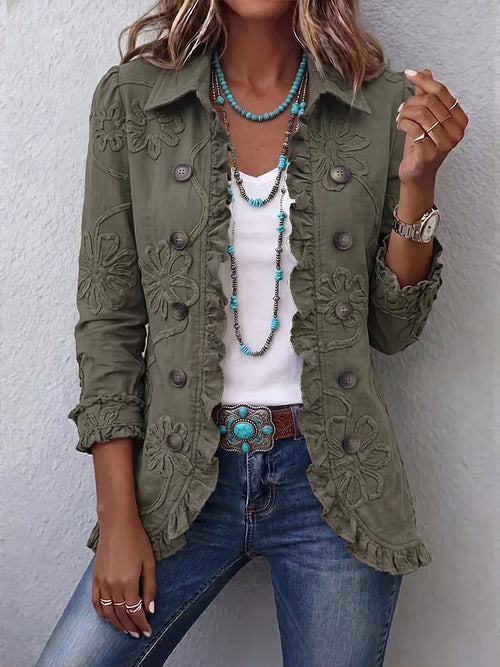 Elisa | Chaqueta Utility Boho-Chic Bordada Floral con Volantes