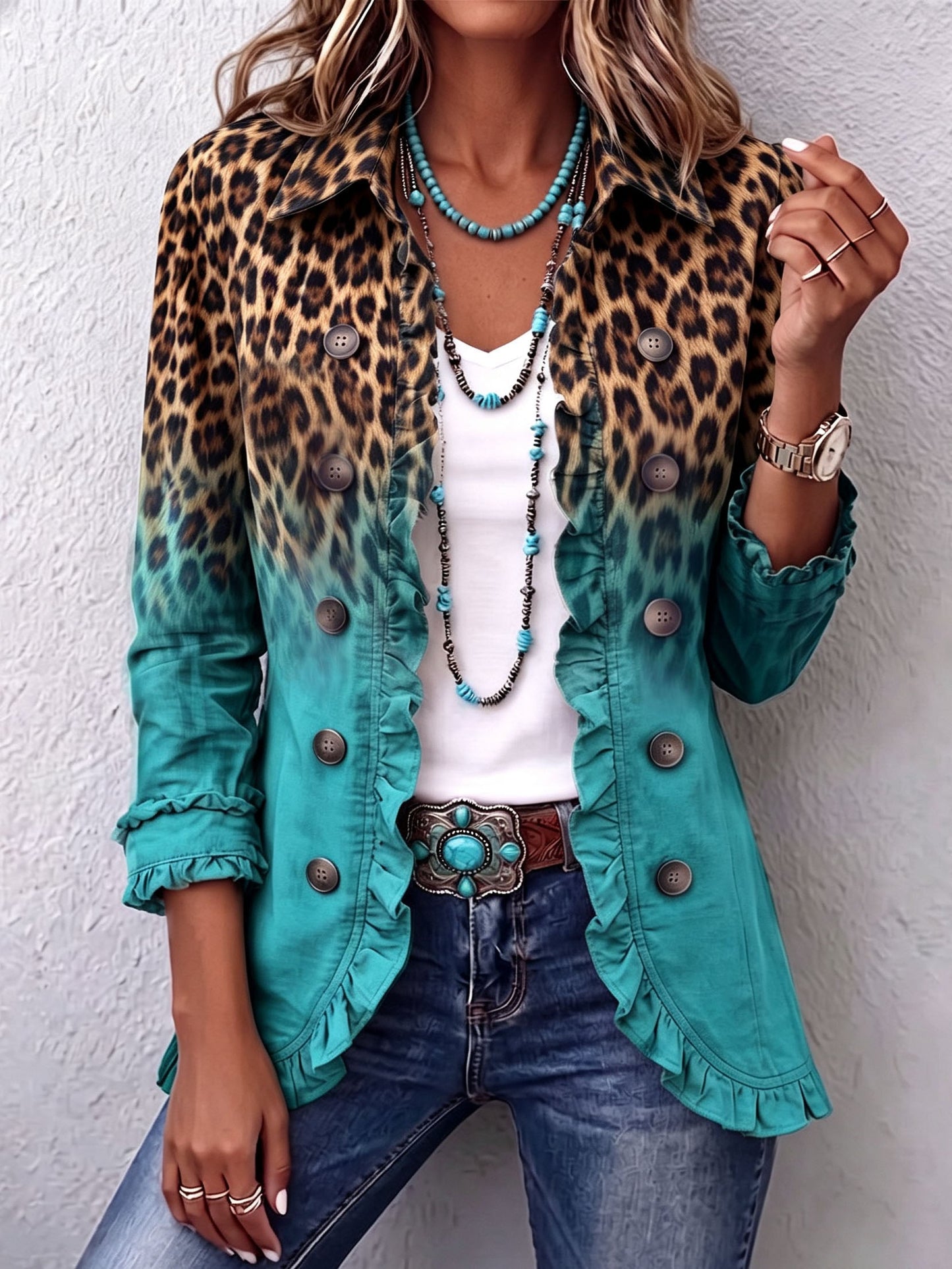 Diana | Blazer Jas Leopardo Ombré con Volantes