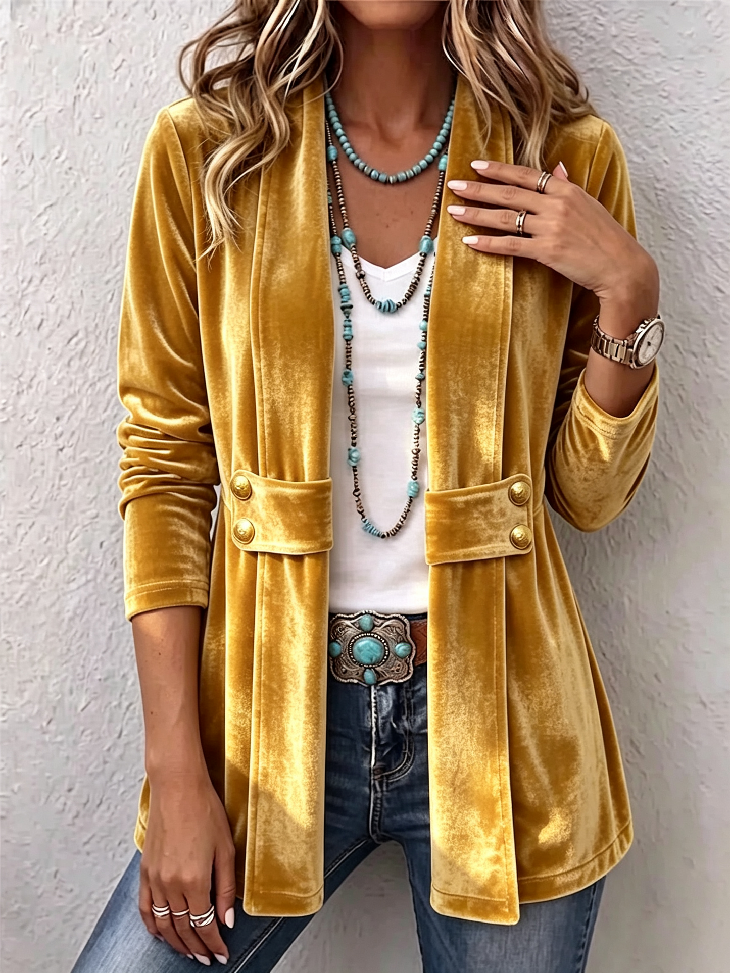 Renata | Chaqueta Vintage Abierta Manga Larga con Detalle de Botón y Solapa