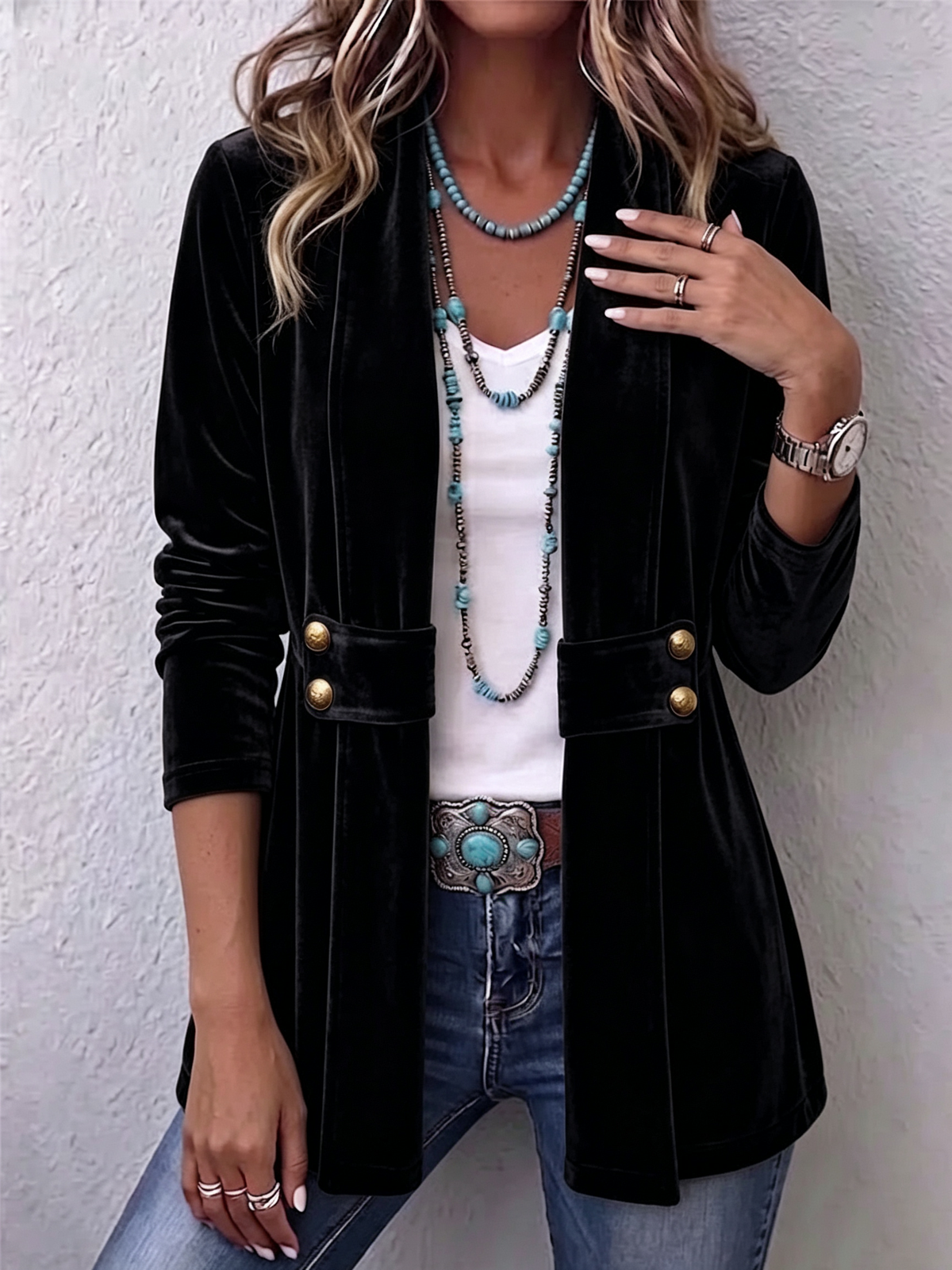 Renata | Chaqueta Vintage Abierta Manga Larga con Detalle de Botón y Solapa