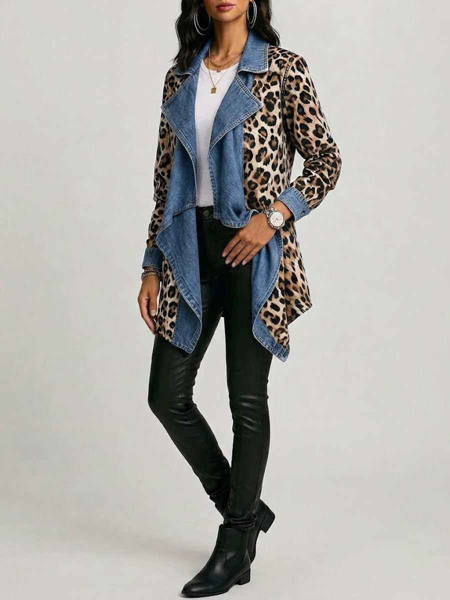 Cecilia | Chaqueta Denim Lavado con Paneles de Estampado Leopardo