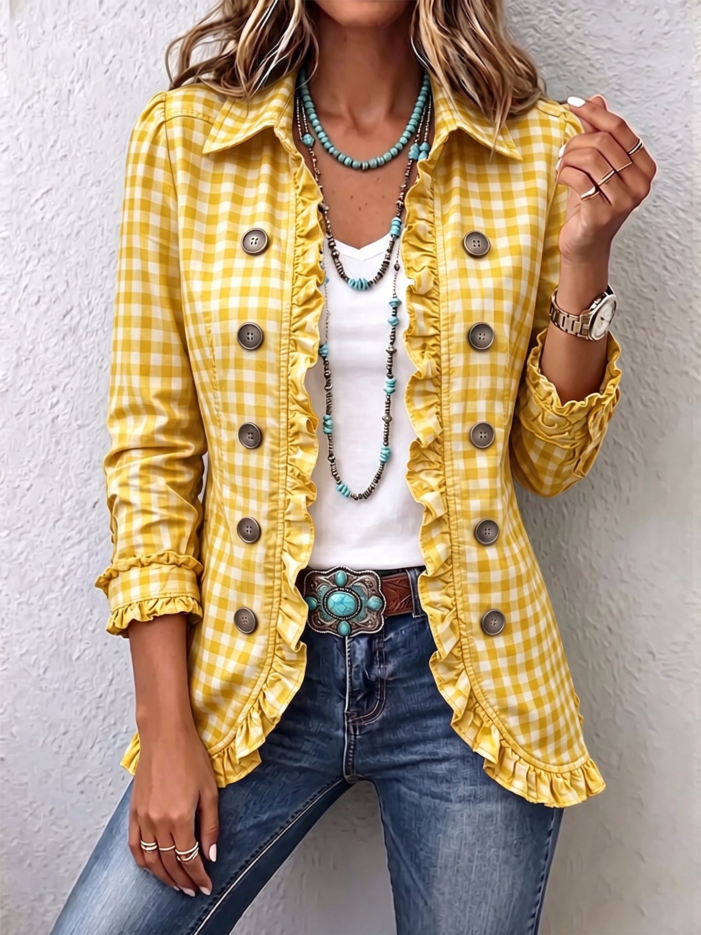 Claudia | Chaqueta de Cuadros Vichy Plisada con Botones