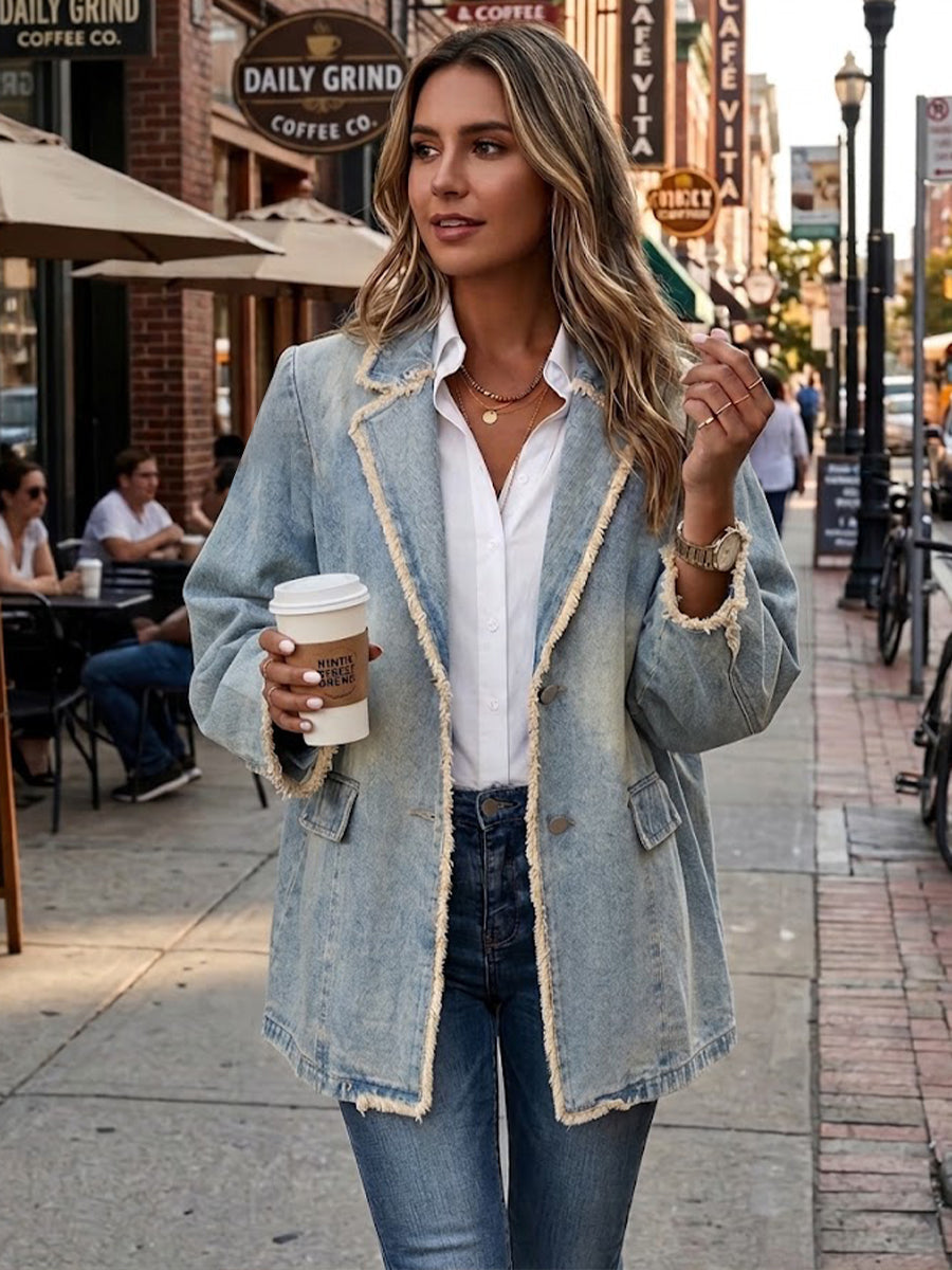 Elena | Blazer Vintage Oversized con Bordes Deshilachados