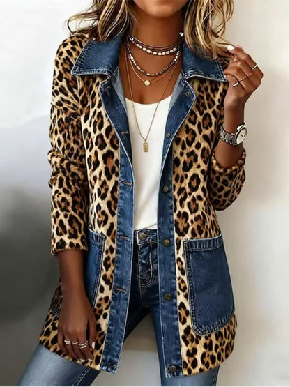 Magdalena | Chaqueta Longline Denim Estampado Leopardo con Paneles de Contraste