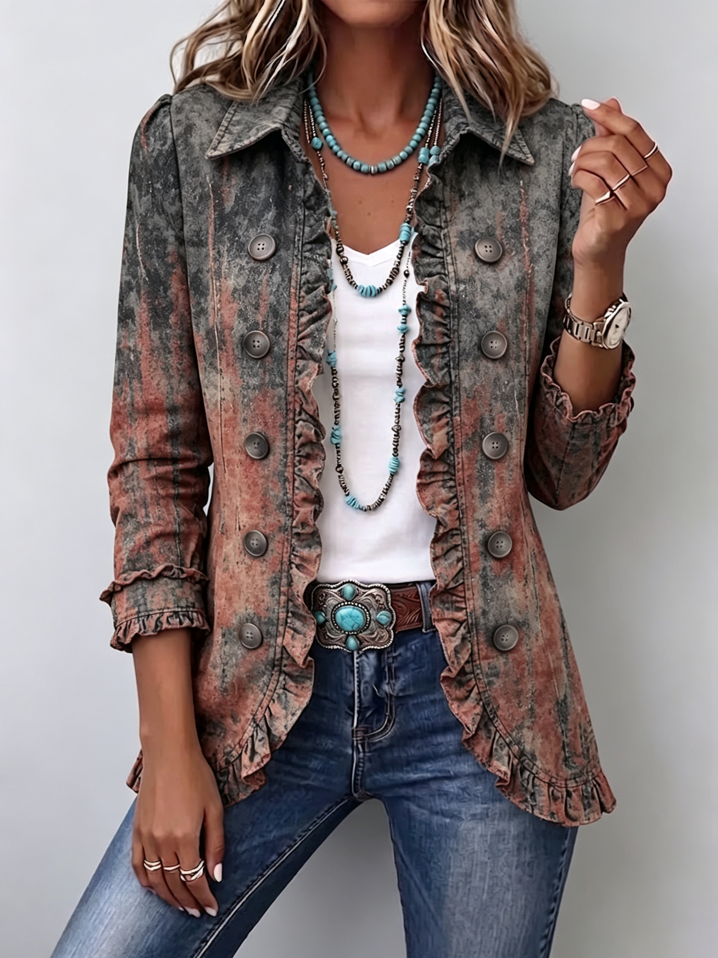 Juana | Chaqueta Vintage Degradado Estampado Texturizado con Volantes