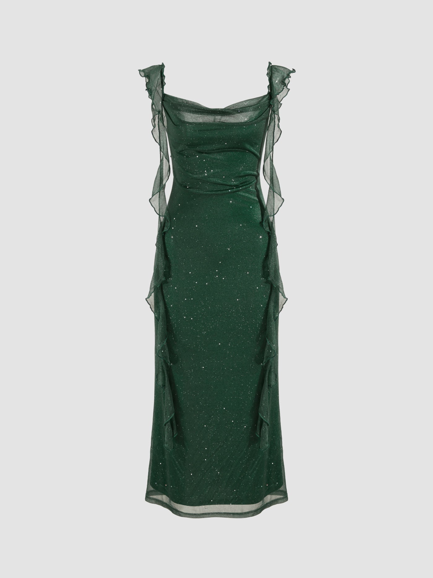 Vestido largo con cuello vuelto y volantes