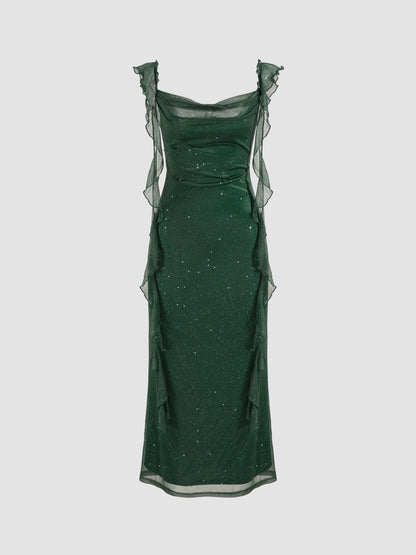 Vestido largo con cuello vuelto y volantes